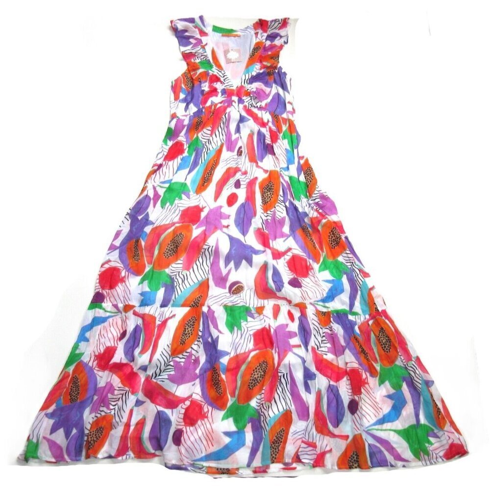 Nwt Oliphant Ruffle V-Neck Maxi In Papaya Orange Red Cotton Silk Dress M